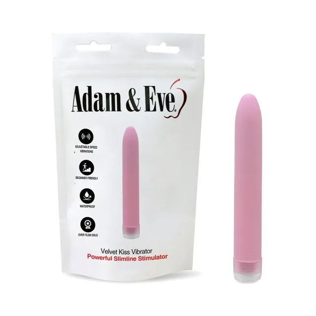 Adam & Eve Velvet Kiss pink vibrator beside white bag packaging