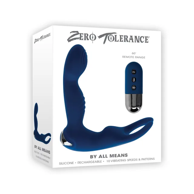 Zero Tolerance By All Means blue remote prostate vibrator with handheld remote in retail box