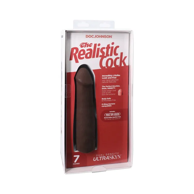 7-inch chocolate Realistic Cock ULTRASKYN dildo displayed in red window package