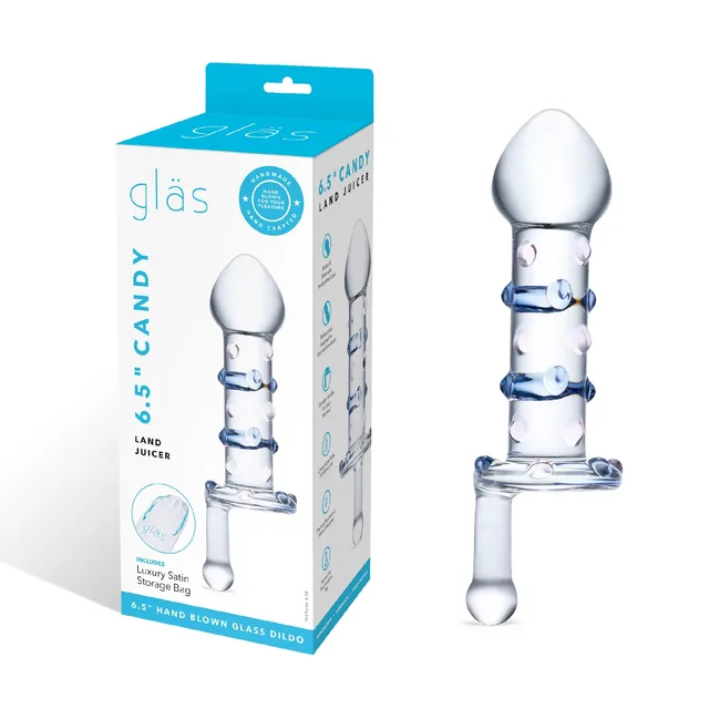 Glas Candy Land Juicer turquoise white retail box beside clear glass piece