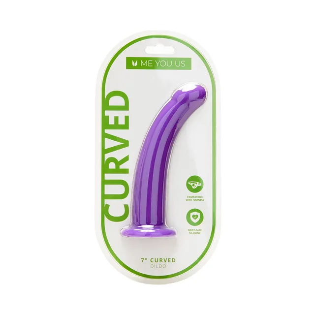 glossy purple Me You Us seven-inch curved silicone dildo with flared base in package