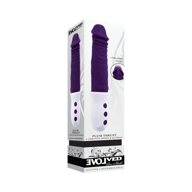 Evolved Plum Thrust purple vibrator displayed in white retail box