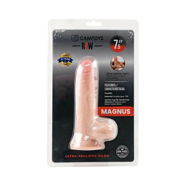 Camtoyz Magnus beige 7.5-inch dildo front of clear blister packaging