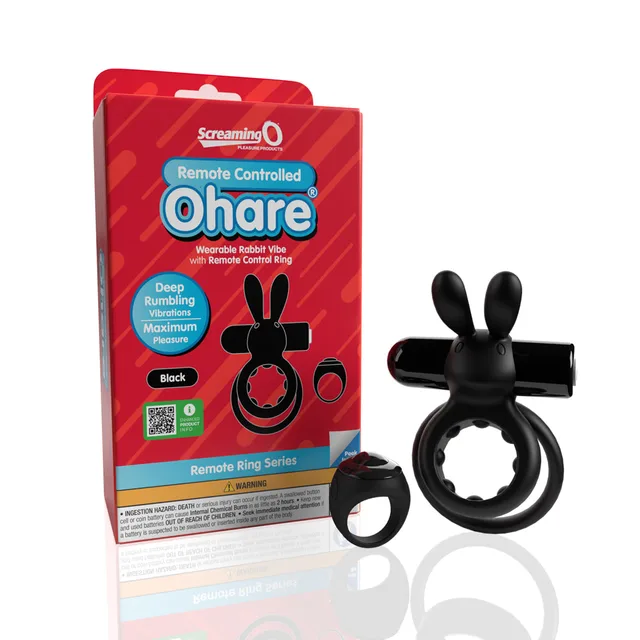 black Ohare double vibrating ring and small remote displayed beside red box