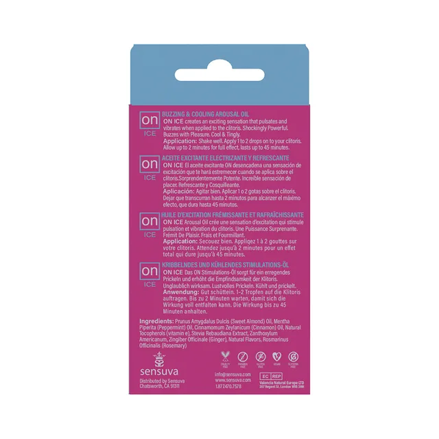 Sensuva ON Ice Arousal Oil 5 ml carton rear with multilingual text