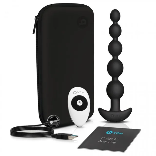 Black b-Vibe Cinco five-bead plug with remote, cable, pouch and booklet