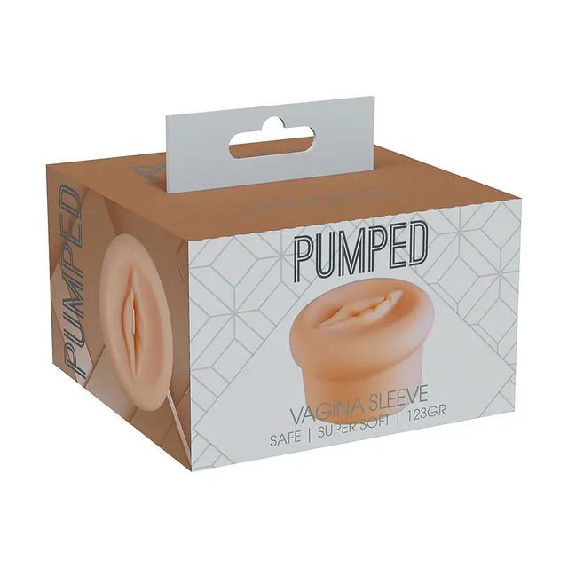 PUMPED beige 123 g vagina pump sleeve beside brown and white retail box