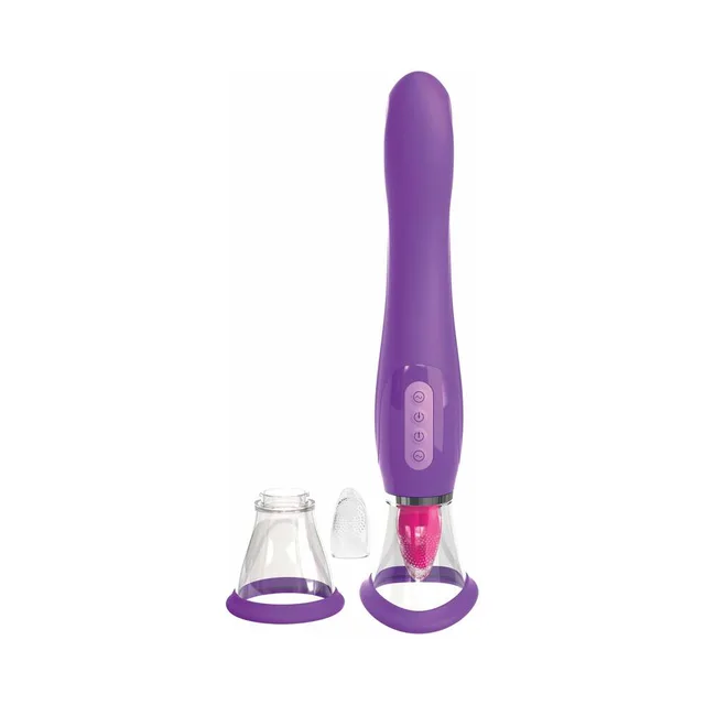 Fantasy For Her purple vibrator upright handle beside two clear suction heads with purple ring rims