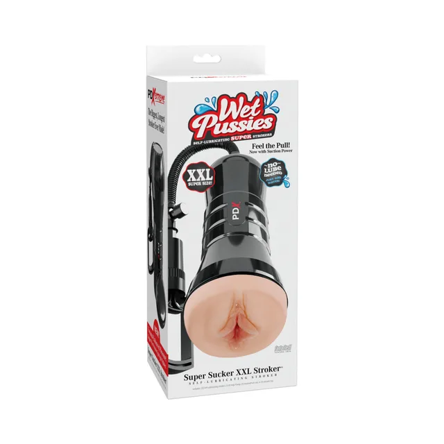 Light-tone PDX Super Sucker XXL stroker in tall white package