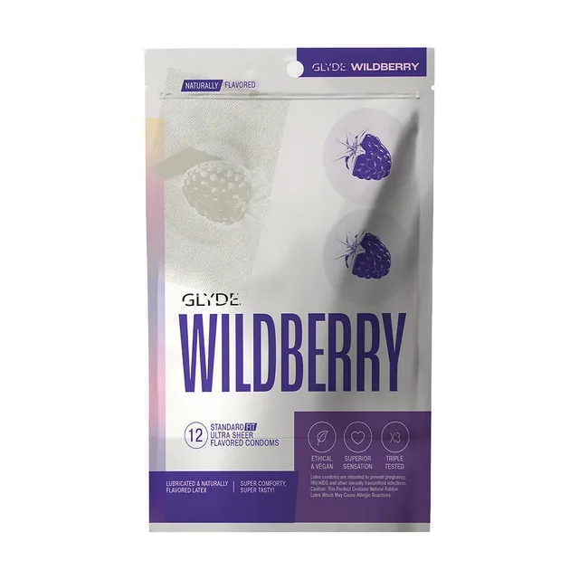 GLYDE wildberry flavored ultra-thin latex condoms 12-pack front of the white and purple resealable retail pouch