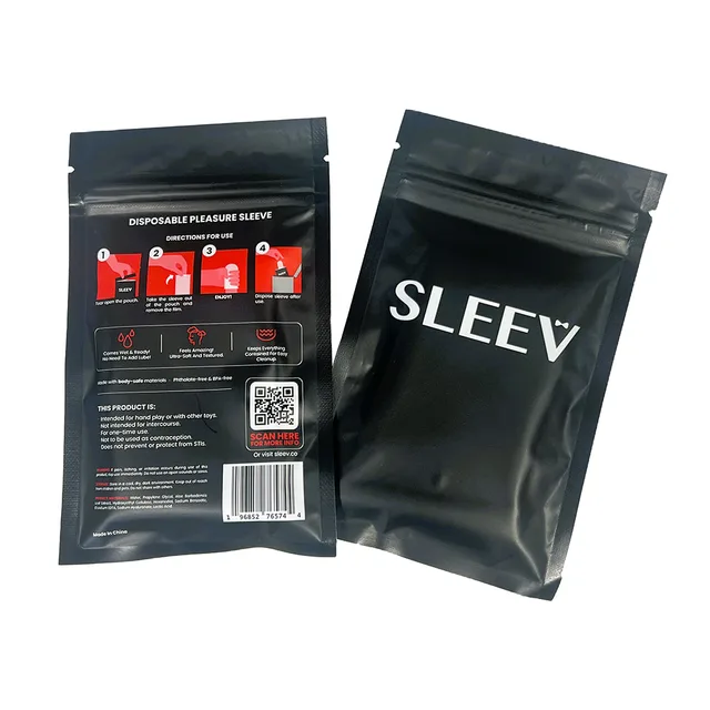 Front and rear views of black SLEEV individual retail pouches