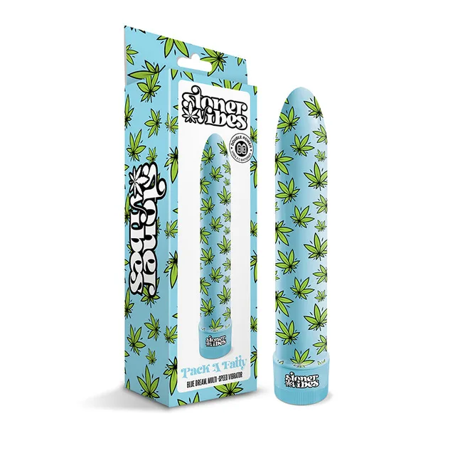 Blue Pack A Fatty vibrator beside cannabis-leaf print box