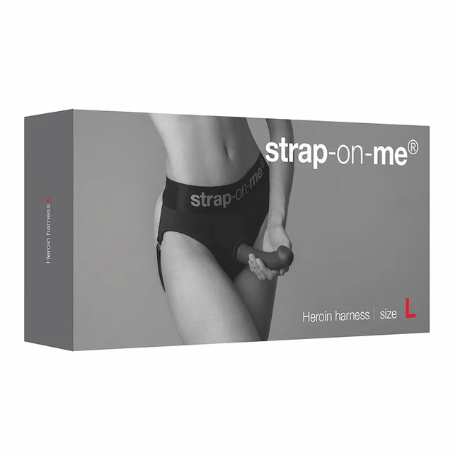 Gray Strap-On-Me Heroine harness retail box marked size L