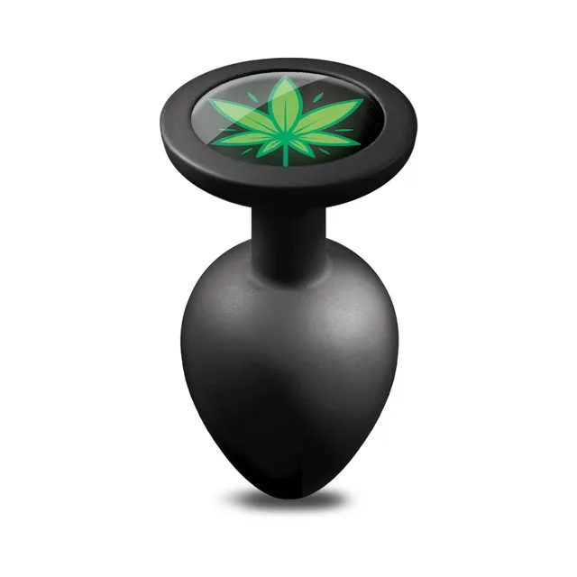 Top view of medium black Stoner Vibes plug showing green leaf base medallion
