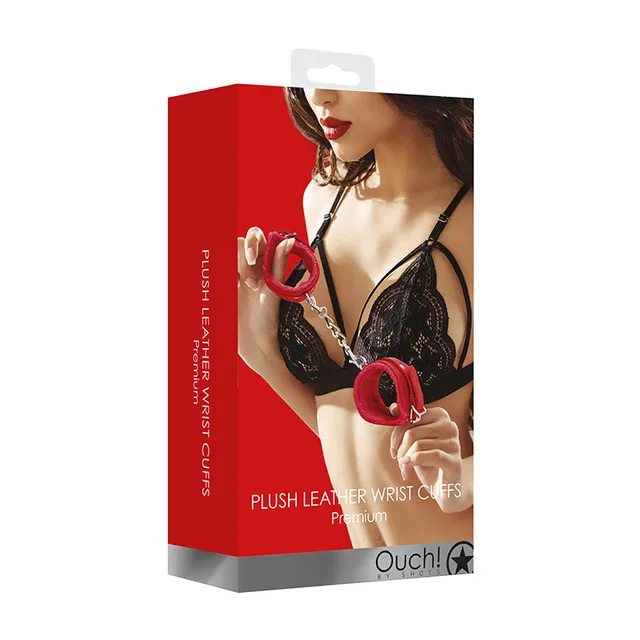 Shots Ouch red plush leather wrist cuffs in red retail box