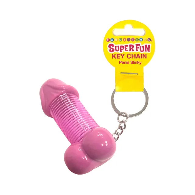 Pink Super Fun Penis Slinky keychain with yellow retail card