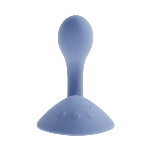 Front view of blue curved-neck vibrator with broad control base