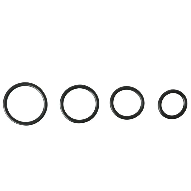 Four black Sportsheets rubber O-rings arranged from large to small