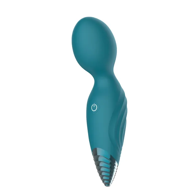 Adam and Eve Dew Drop teal petite wand upright front view with power button
