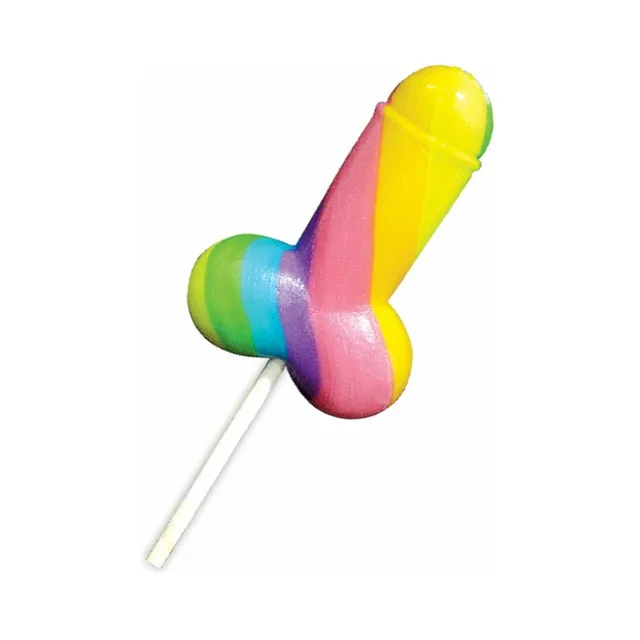 Rainbow-striped penis-shaped candy lollipop on white stick