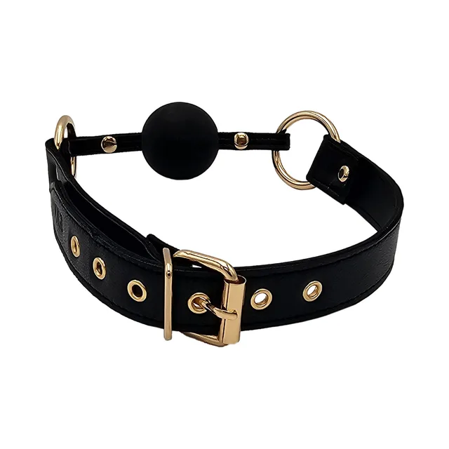 Rouge black leather ball gag with gold hardware buckle side angle with adjustment holes