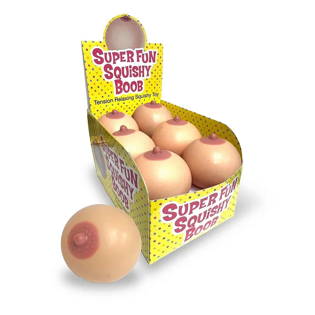yellow polka-dot display box holding 12 flesh-tone Stress Boobie pieces