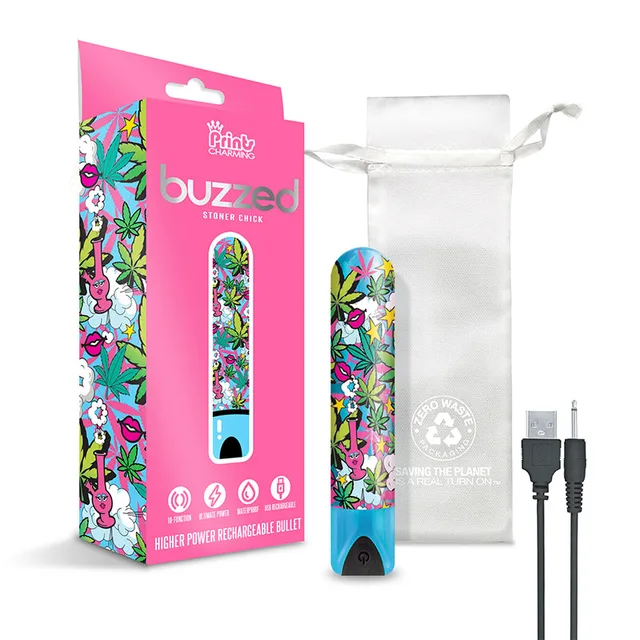 Buzzed Stoner Chick bullet with pink box, pouch and charging cable