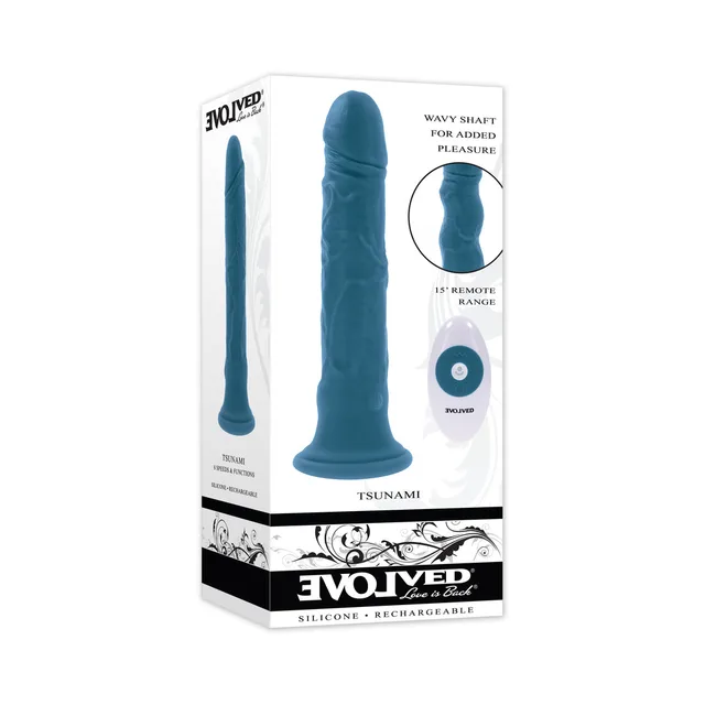 Evolved Tsunami teal vibrator and oval remote displayed on retail box