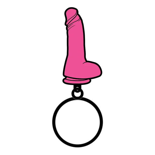 Hot pink dildo-shaped charm with round black split key ring
