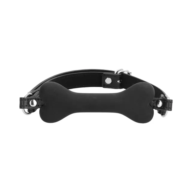 Black bone-shaped silicone gag with adjustable strap