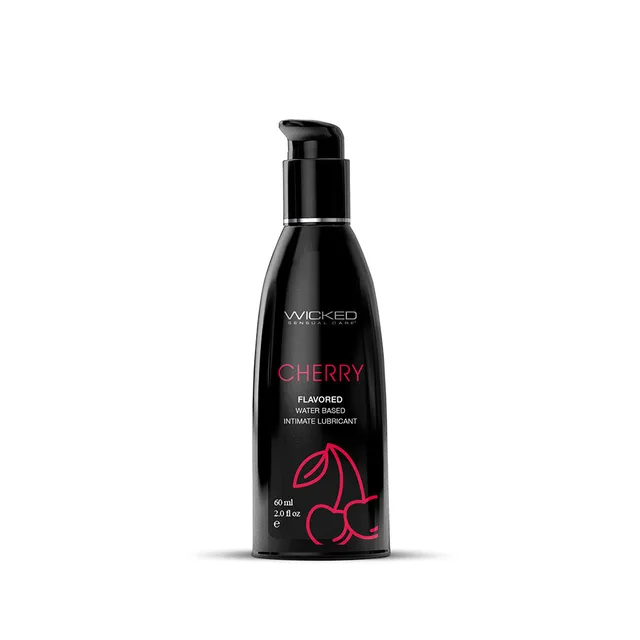 Front of black 2 oz Wicked Aqua Cherry pump bottle with red cherry graphic