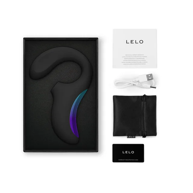 black LELO Enigma Wave in open box with white cable and black storage pouch