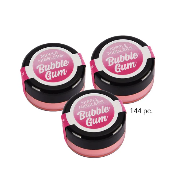 Three light-pink Nipple Nibbler Bubble Gum balm pots marked 144 pieces