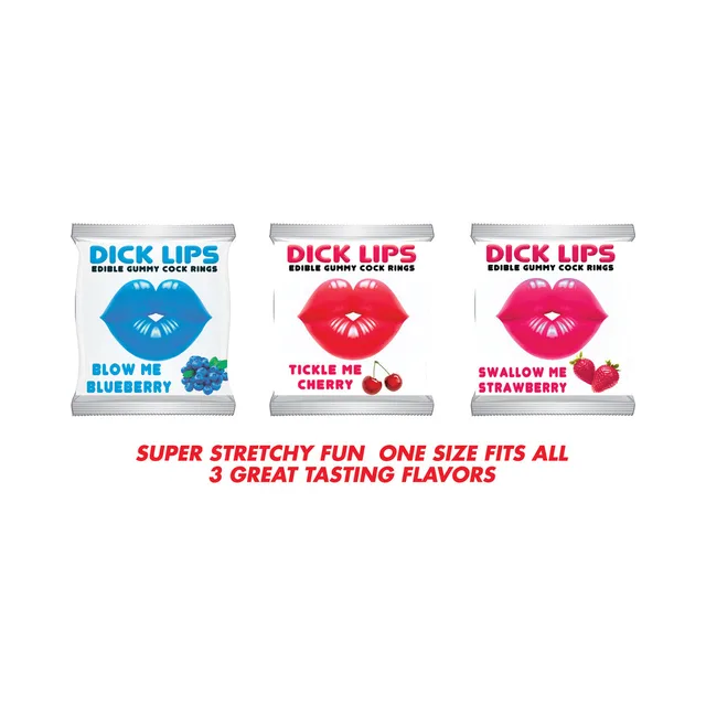 Three Dicklips gummy ring packs labeled blueberry cherry and strawberry