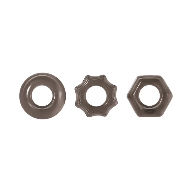 Three smoke rings in circle ridged star and hexagon shapes