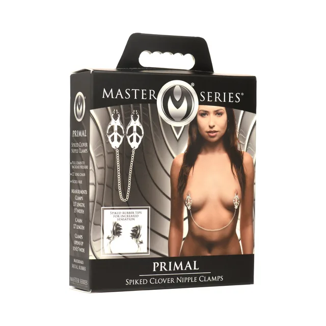 XR Brands Master Series Primal spiked clover nipple clamps inside black windowed carton with silver chain