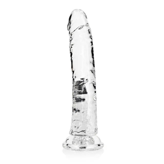 Left-side view of clear curved RealRock 9-inch dildo