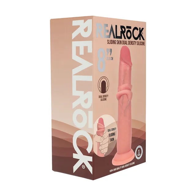 Realrock beige 8-inch silicone dildo inside tan retail box