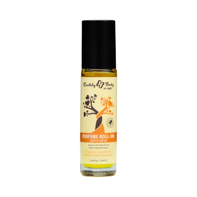 Earthly Body grapefruit sandalwood roll-on perfume bottle with orange label