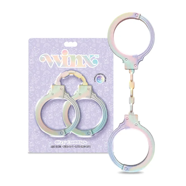 Pastel WINX Cozy Cuddles silicone handcuffs displayed beside purple package