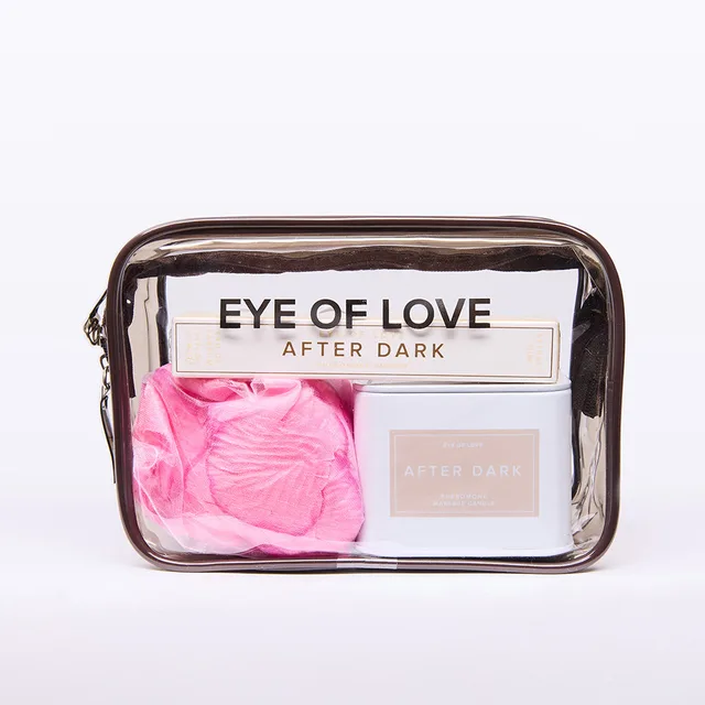 Eye of Love After Dark gift set roll-on, candle and pink petals inside clear pouch