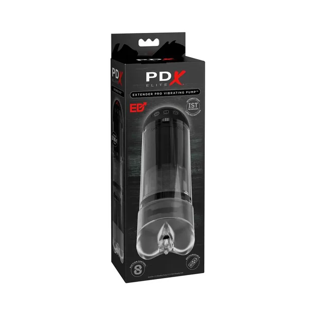 PDX Elite Extender Pro clear-and-black penis pump black retail box with tall clear cylinder and black control cap visible