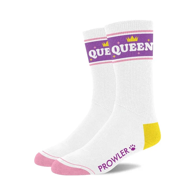 White Prowler Queen crew socks with crown cuff and pink toe