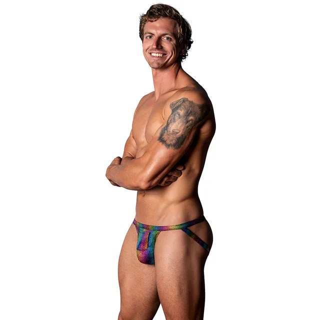 Male model wearing rainbow Matchmaker front-pocket jock size S/M