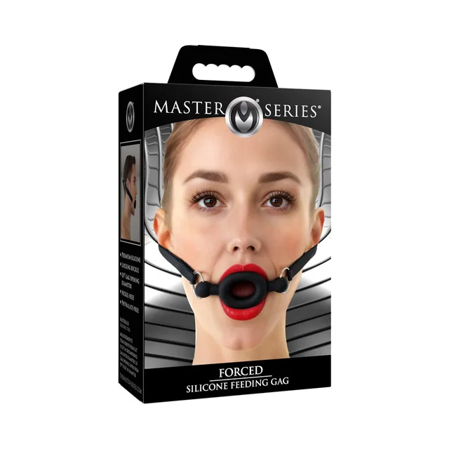 XR Brands Master Series Forced silicone feeding gag retail box with black oval mouthpiece pictured