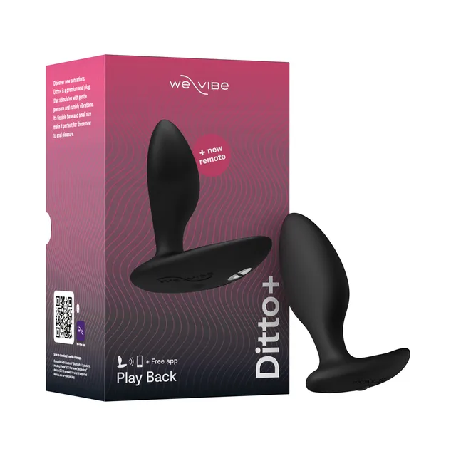 Satin Black We-Vibe Ditto+ plug beside retail box