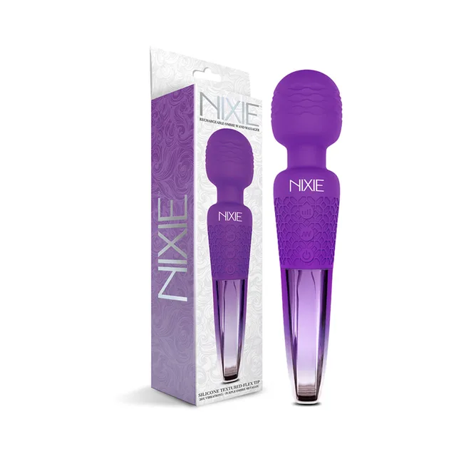Nixie Purple Ombre wand massager beside black retail box