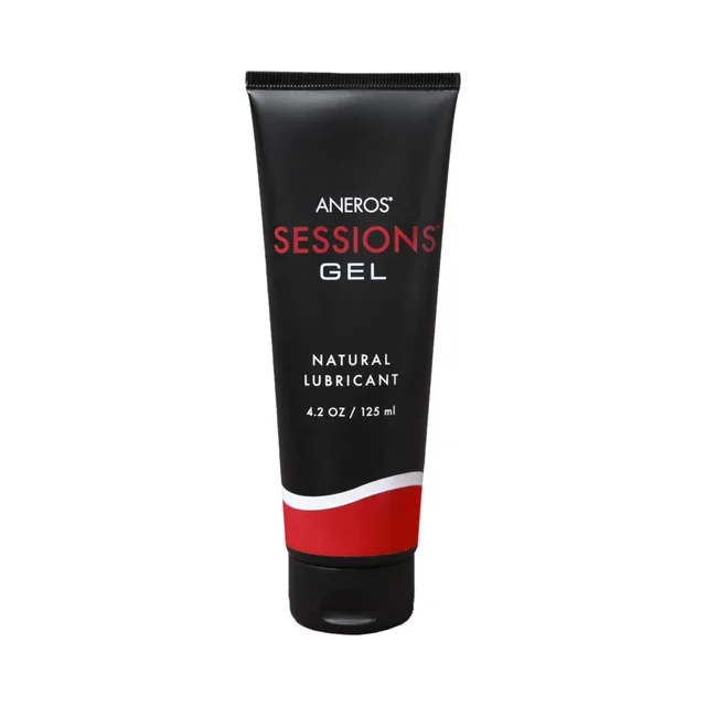 front view of black Aneros Sessions Gel 4.2 oz squeeze tube with red band