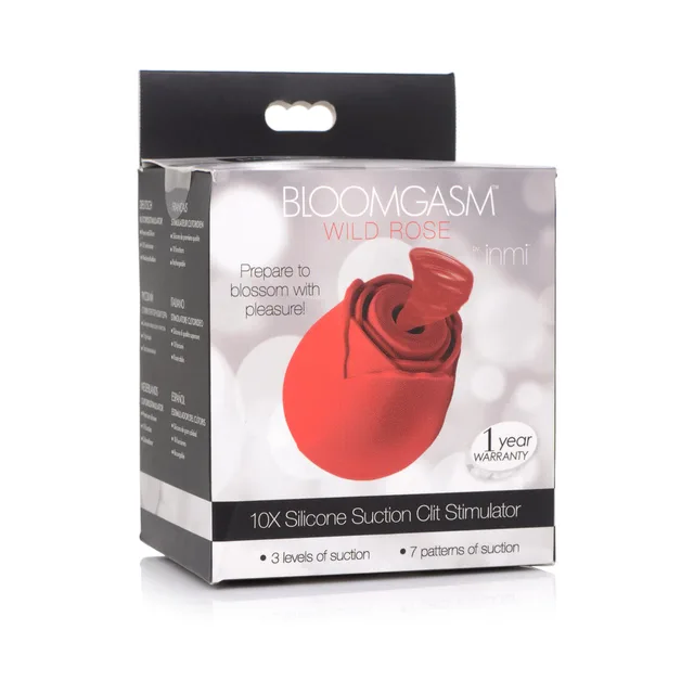 red Bloomgasm Wild Rose silicone suction stimulator pictured on retail box