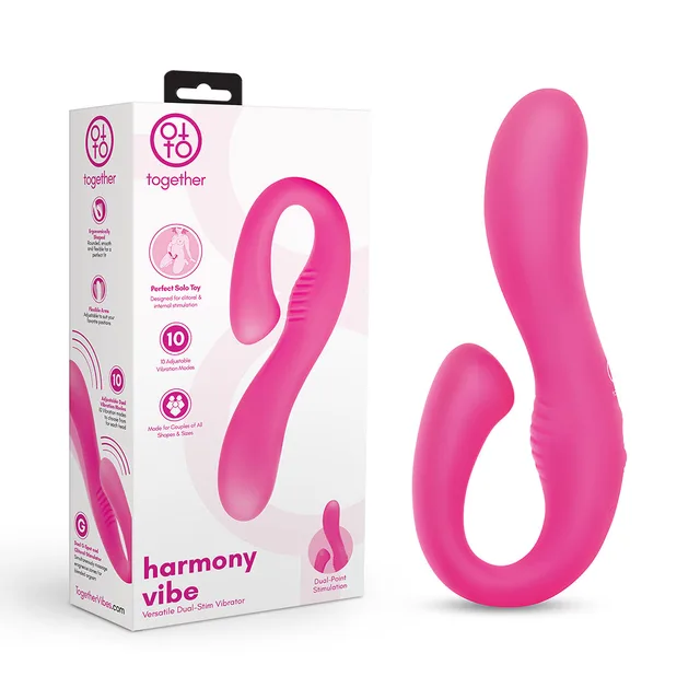 pink C-shaped Together Harmony vibrator beside white and pink box